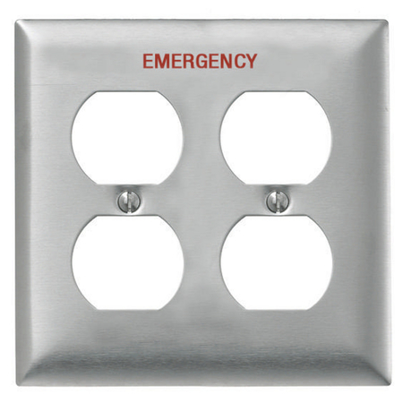 HUBBELL WIRING DEVICE-KELLEMS Wallplates and Boxes, Metallic Plates, 2- Gang, 2) Duplex Openings, Standard Size, Stainless Steel, Engraved EMERGENCY SS82MEV